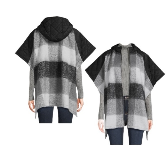 Time And Tru Plaid Hooded Zipper Poncho Sweater - Picture 3 of 11